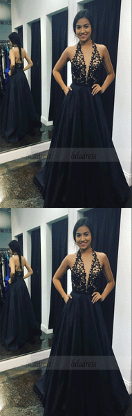 Backless Sexy A Line Long Satin Black Lace Evening Gown,BD99996