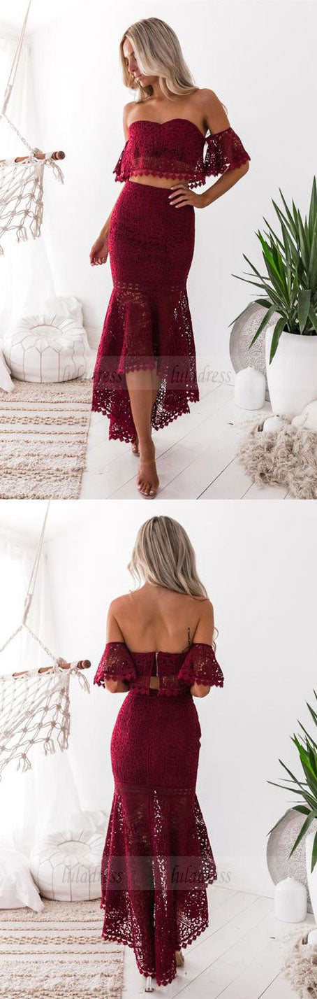 off the shoulder prom dresses, unique two piece high low lace party dresses