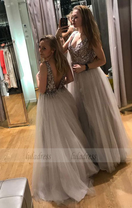 A-Line V-Neck Backless Floor-Length Light Grey Prom Dress with Beading