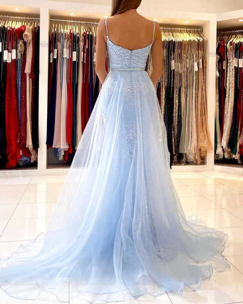 Glamorous Spaghetti-Straps Lace Mermaid Long Evening Prom Dress Sky Blue,BD93005