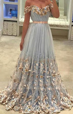 Tulle Off The Shoulder Evening Gowns Lace Embroidery Prom Dresses