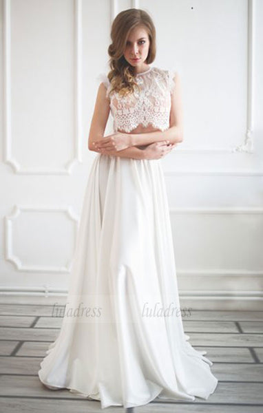 Unique white lace two pieces long prom dress, white evening dress,BD99029