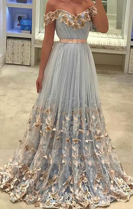 Tulle Off The Shoulder Evening Gowns Lace Embroidery Prom Dresses,BD99052