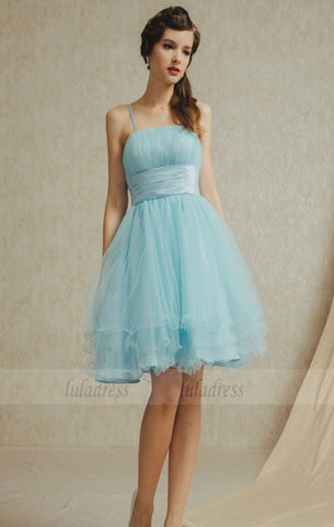 Romantic Tulle A-Line Empire Spaghetti Straps Short Bridesmaid Dress,BD98949