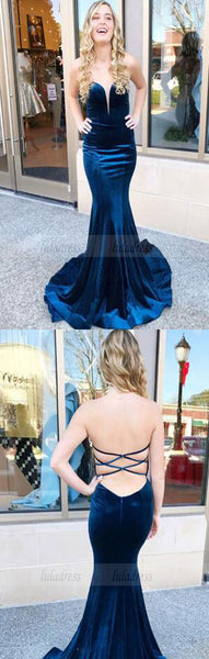 Navy Blue Velvet Sweetheart Mermaid Prom Dresses Cross Back Evening Gowns,BD98159
