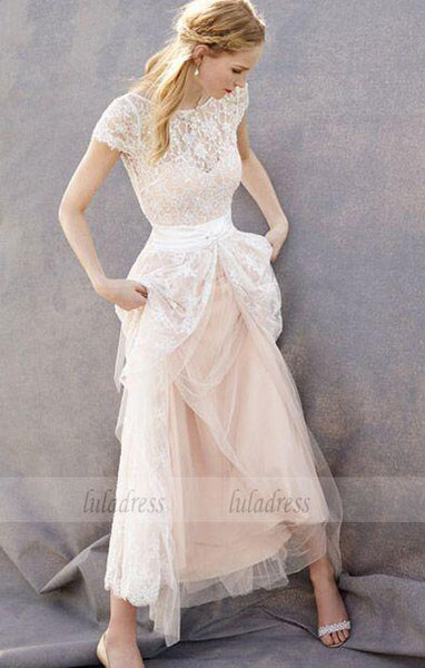 Lace Bridal Dress,Romantic Wedding Dress,Unique Blush Pink Brides Dress,Cap Sleeves Wedding Dress,BD99302