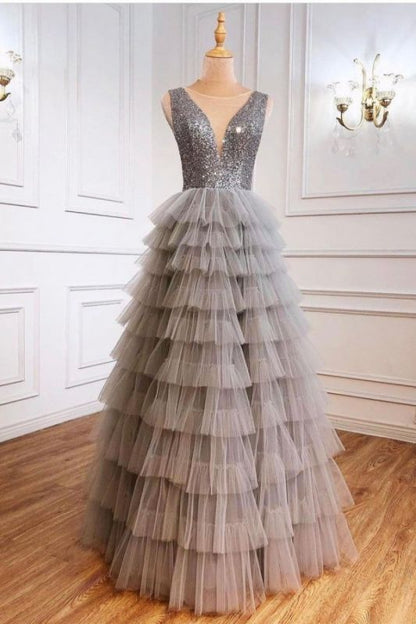 Jewel Sequins Tulle Sleeveless Prom Dresses Online