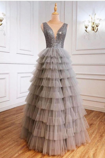 Jewel Sequins Tulle Sleeveless Prom Dresses Online,PD21087