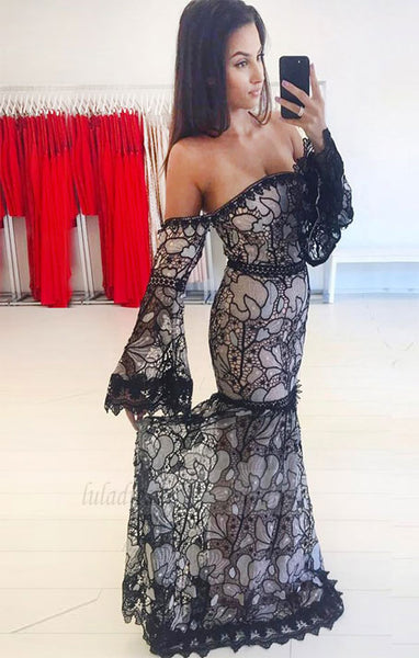 Mermaid Black Long Sleeves Lace Off the Shoulder Sweep Train Prom Dress,BD99774