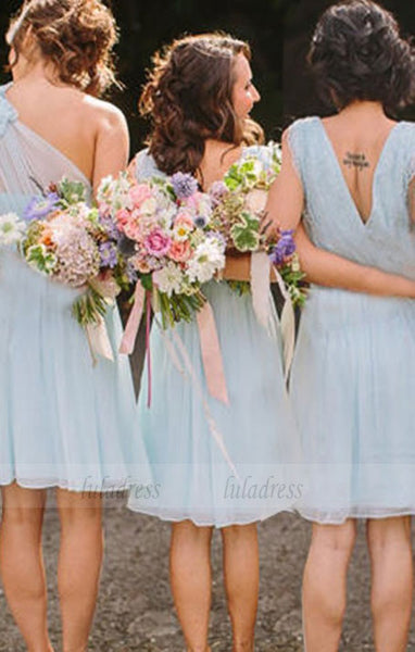 A-Line V-Neck Short Chiffon Bridesmaid Dress with Lace,BD99840