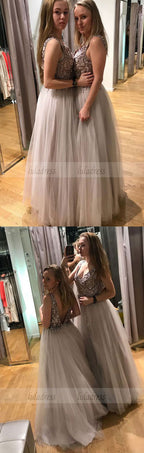 A-Line V-Neck Backless Floor-Length Light Grey Prom Dress with Beading