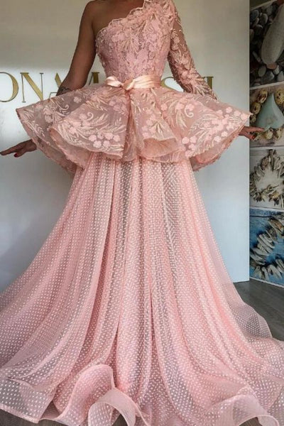 One Shoulder Pink Tulle Lace Prom Dresses On Sale,PD21071