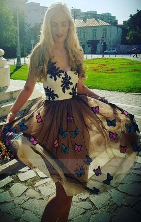 modest brown tulle short prom dresses with appliques,unique knee length party dresses