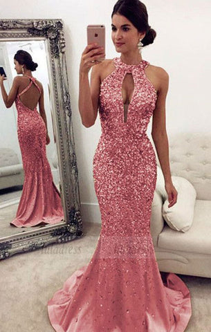 Luxurious Crystal Beaded Halter Open Back Mermaid Evening Dresses pink Prom Dresses,BD98158