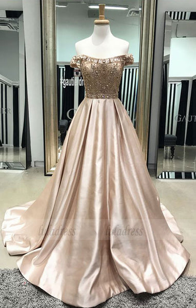 off the shoulder long prom dress, A-line beaded  prom dress,BD98055