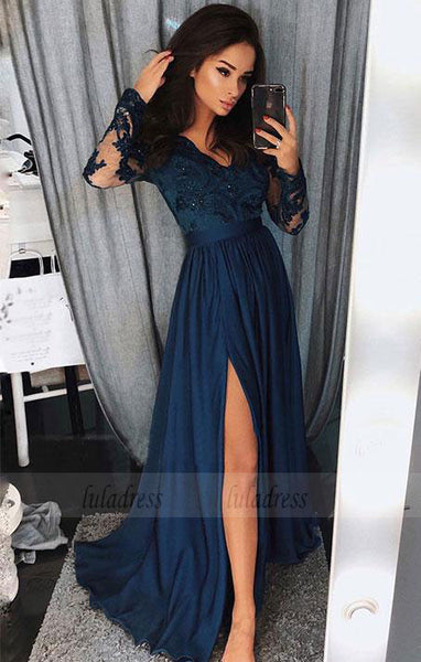 v neck long prom dresses with sleeves, unique long sleeves evening dresses with split,BD98973