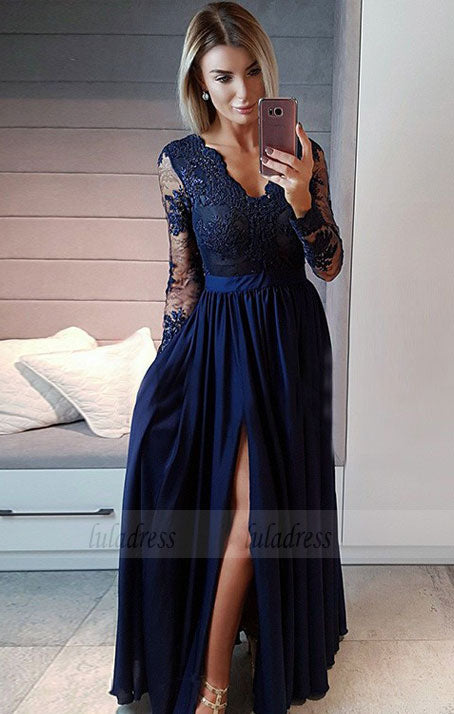 v neck long prom dresses with sleeves, unique long sleeves evening dresses with split,BD98973