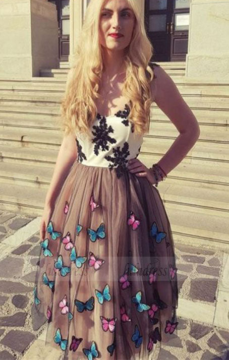 modest brown tulle short prom dresses with appliques,unique knee length party dresses