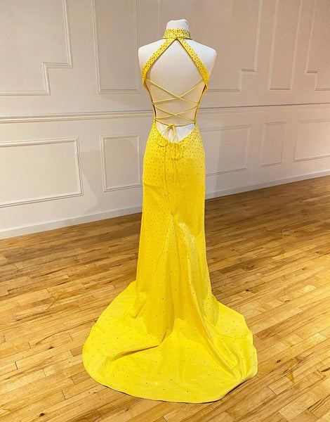 High Neck Mermaid Long Yellow Prom Dresses,BD930652