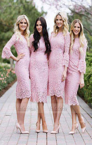 Fashion Sheath Jewel Pink Lace Mid-calf Bridesmaid/Prom Dress,BD99424