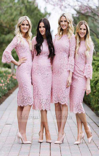 Fashion Sheath Jewel Pink Lace Mid-calf Bridesmaid/Prom Dress,BD99424