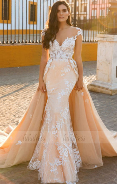 Chiffon Bridal Dress,Wedding Dress With Cap Sleeves,White Brides Dress,Backless Wedding Gowns,BD99636