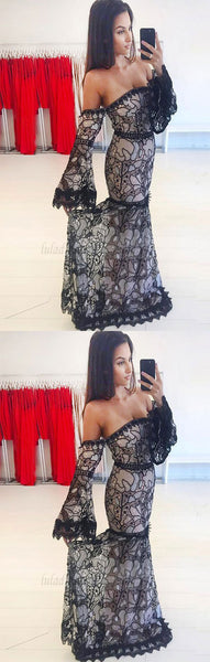 Mermaid Black Long Sleeves Lace Off the Shoulder Sweep Train Prom Dress,BD99774