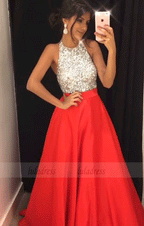 Luxurious Beaded Halter Long Satin Prom Dresses Ball Gowns