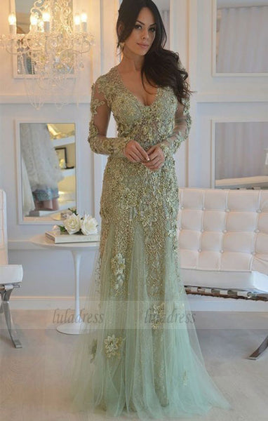elegant mint prom party dresses with long sleeves, chic v-neck evening gowns with beaded long sleeves,BD98652