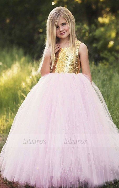 Golden Sequin Flower Girl Dresses .Flower Girl Dresses.Long Flower Girl Dresses,Satin Flower Girl Dresses