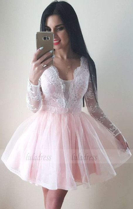 cute a-line blush pink tulle homecoming dresses long sleeves prom short dress,BD98235