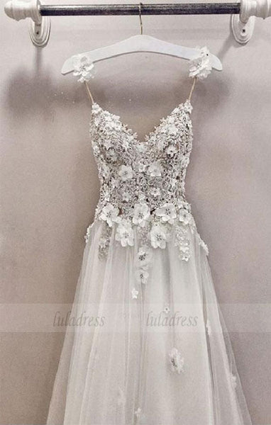 A line v neck lace tulle long prom dress, evening dress,BD98625