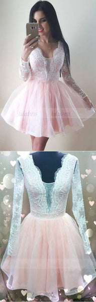 cute a-line blush pink tulle homecoming dresses long sleeves prom short dress,BD98235