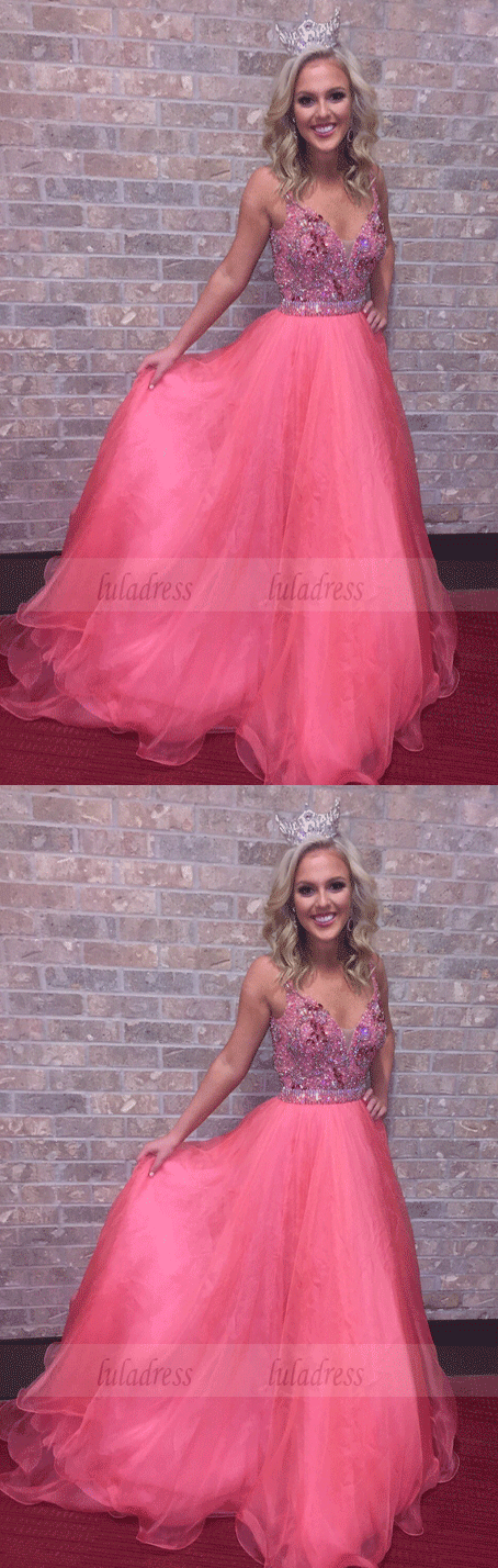 deep v neck Beading Prom Dress,long prom dress,Fashion Prom Dresses