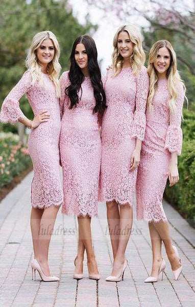 Fashion Sheath Jewel Pink Lace Mid-calf Bridesmaid/Prom Dress,BD99424