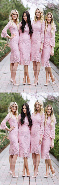 Fashion Sheath Jewel Pink Lace Mid-calf Bridesmaid/Prom Dress,BD99424