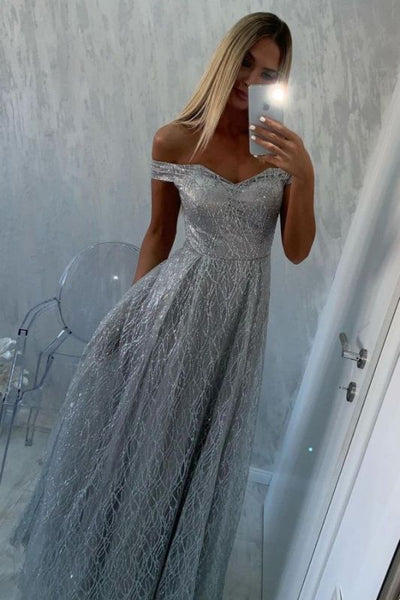 Women Silver Sequins Prom Dresses Off The Shoulder,PD21002