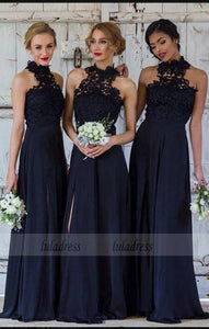 A-Line Navy Blue Chiffon Bridesmaid Dress with Lace,BD99359