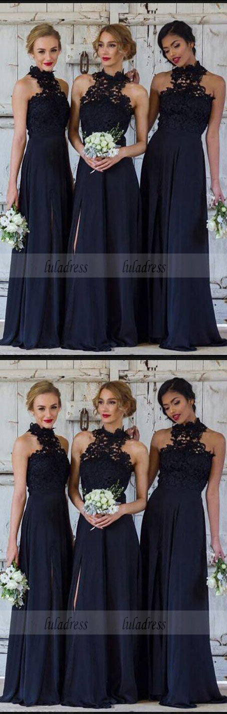 A-Line Navy Blue Chiffon Bridesmaid Dress with Lace