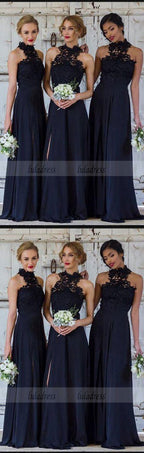A-Line Navy Blue Chiffon Bridesmaid Dress with Lace