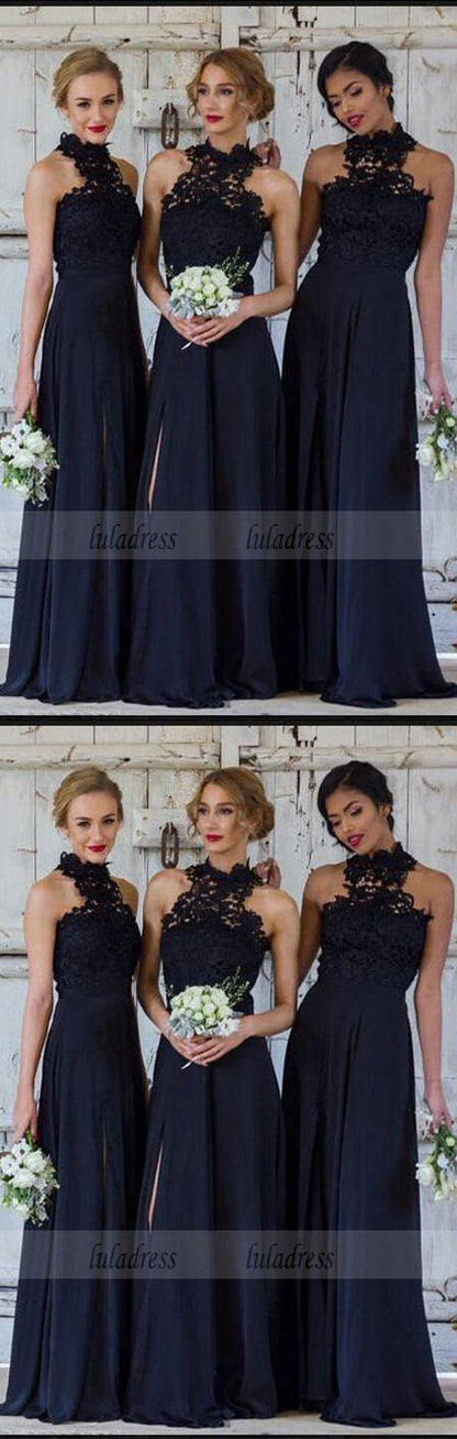 A-Line Navy Blue Chiffon Bridesmaid Dress with Lace