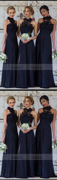 A-Line Navy Blue Chiffon Bridesmaid Dress with Lace,BD99359