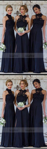 A-Line Navy Blue Chiffon Bridesmaid Dress with Lace