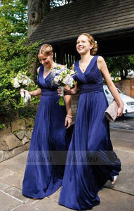 elegant dark blue bridesmaid dress with pleats, fashion v-neck wedding party dress with ruched,BD99602