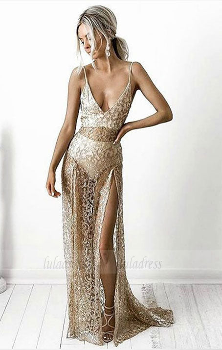 Sheath Spaghetti Straps Lace Prom Dress
