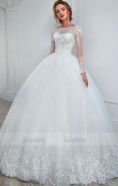 Sheer Neck Ivory Wedding Dress with Long Sleeves,BD99524