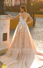 Chiffon Bridal Dress,Wedding Dress With Cap Sleeves,White Brides Dress,Backless Wedding Gowns