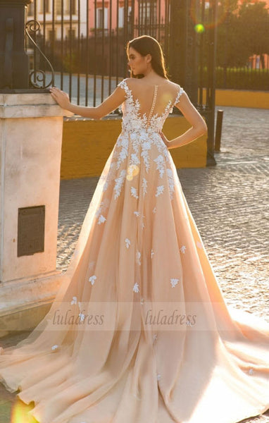 Chiffon Bridal Dress,Wedding Dress With Cap Sleeves,White Brides Dress,Backless Wedding Gowns,BD99636