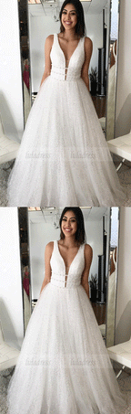 A-line Princess Deep V Neck Sleeveless Floor Length Prom Dresses
