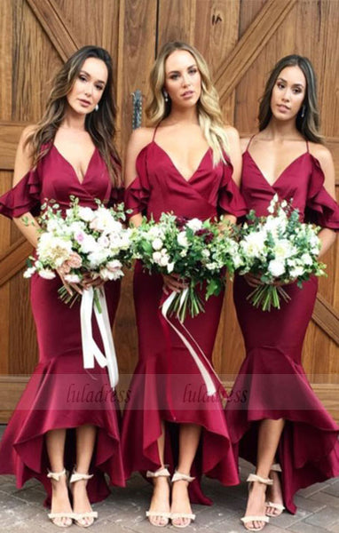 Mermaid Cold Shoulder Burgundy Bridesmaid Dress with Ruffles,BD98294